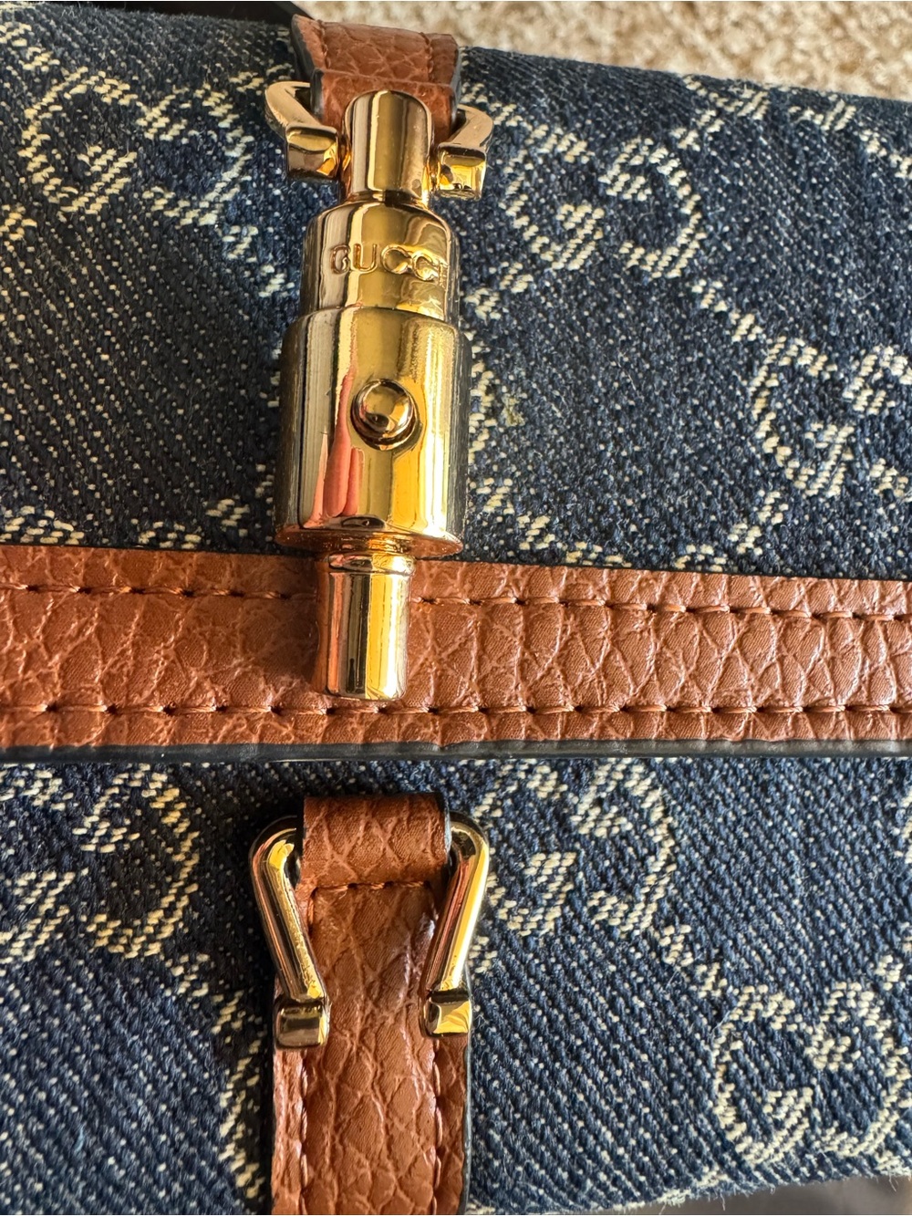 Navy Monogram Denim Crossbody with Brown Leather and Gold Chain - Picture 3 of 7